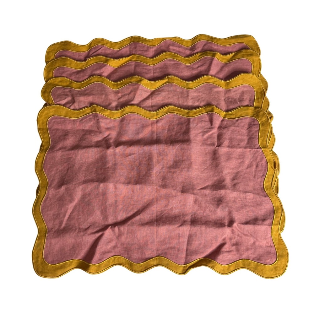 Bed Threads Pink Clay and Turmeric Scalloped Placemats Flax Linen Set of 4 NWOT